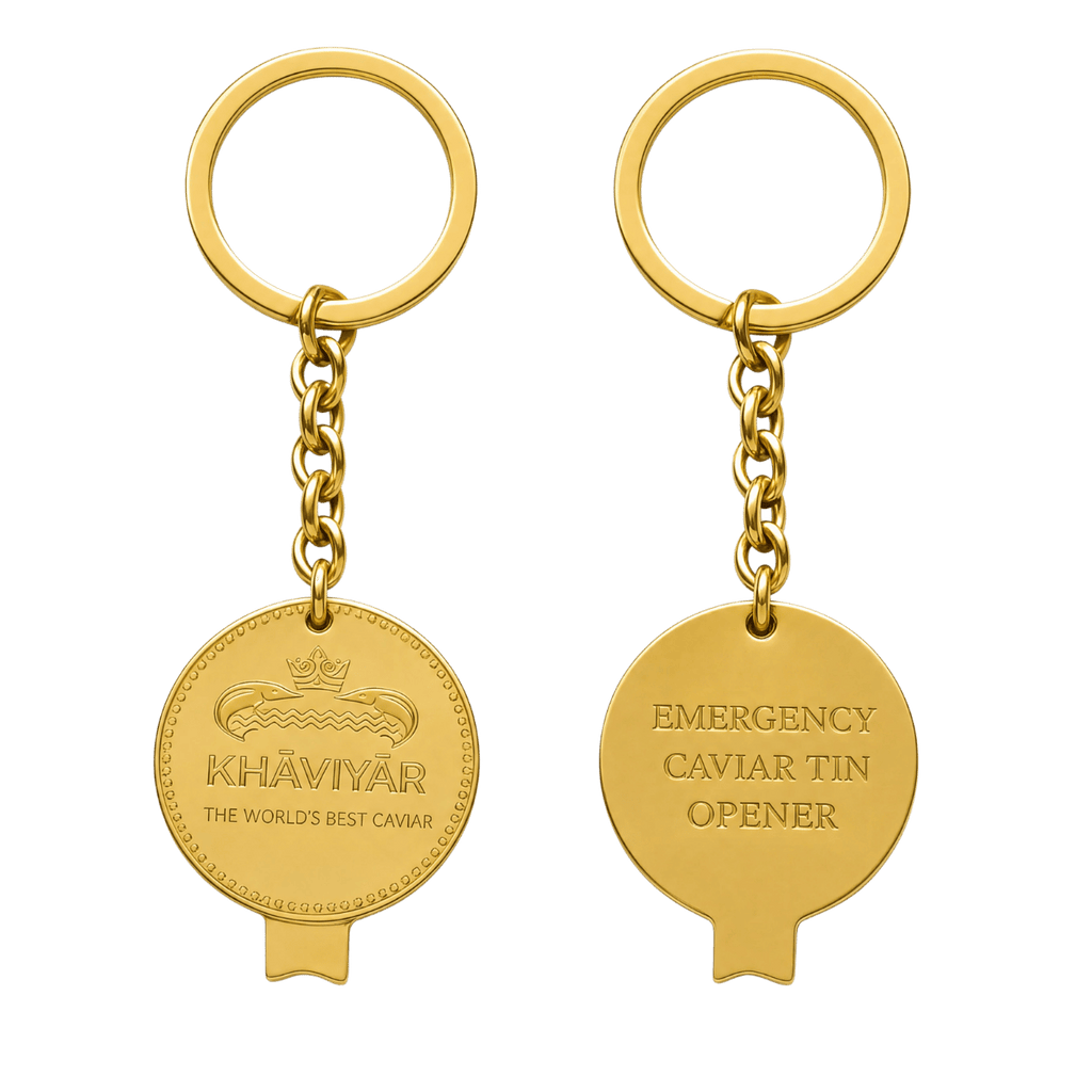 Complimentary bespoke caviar tin opener keychain