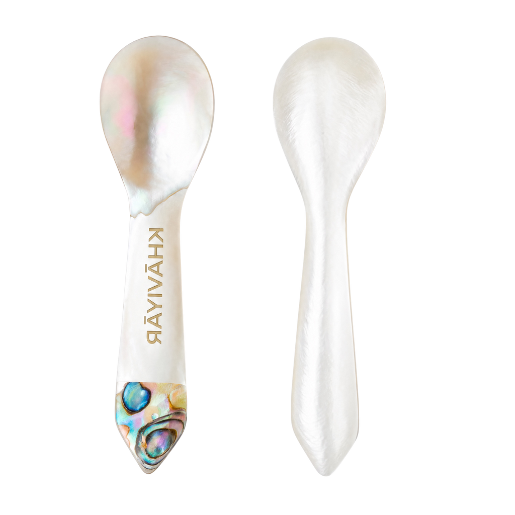 Complimentary abalone-engraved mother-of-pearl caviar spoon