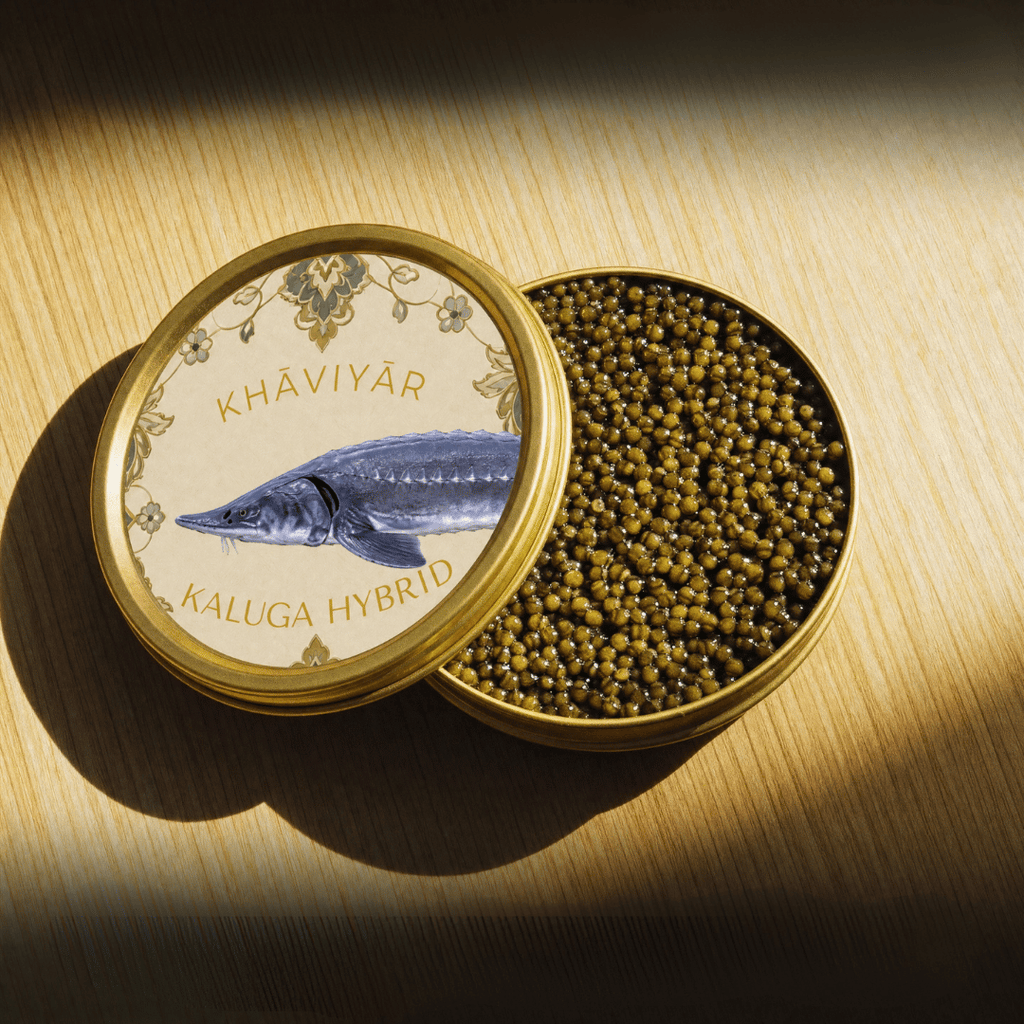 Royal-Grade Kaluga Hybrid caviar in warm light
