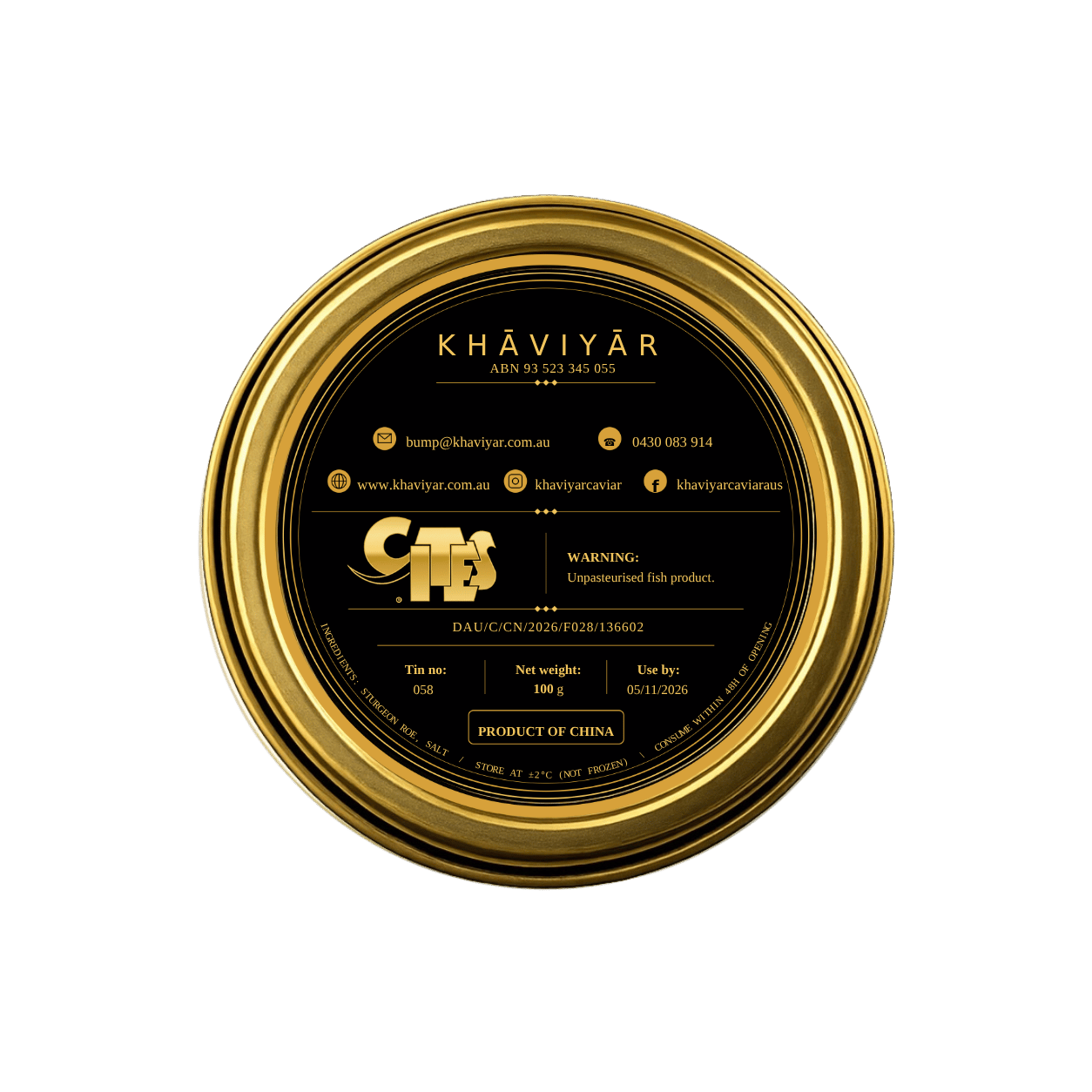 Back of KHAVIYAR Kaluga caviar tin showing label and CITES details